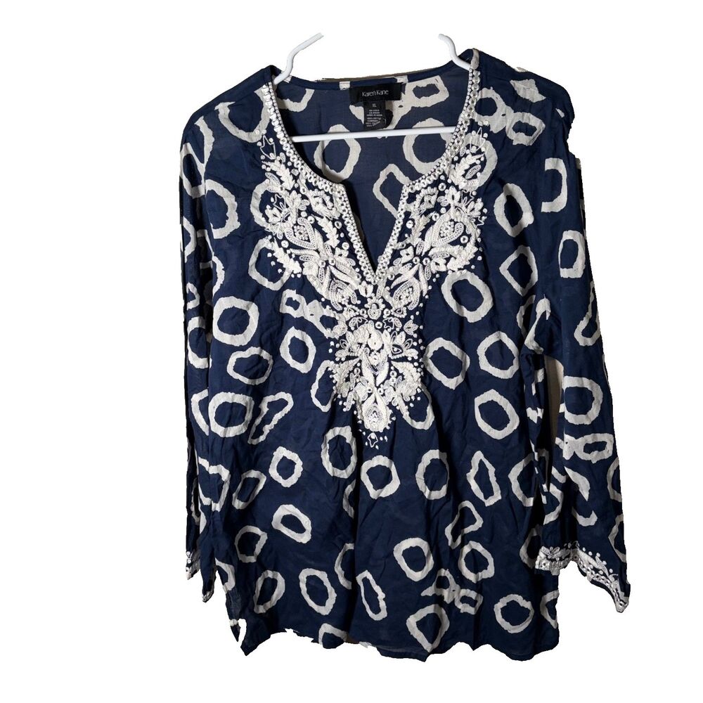 Karen Kane Blouse Women's XL Blue Embroidered 3/4 Sleeve Top Shirt Casual